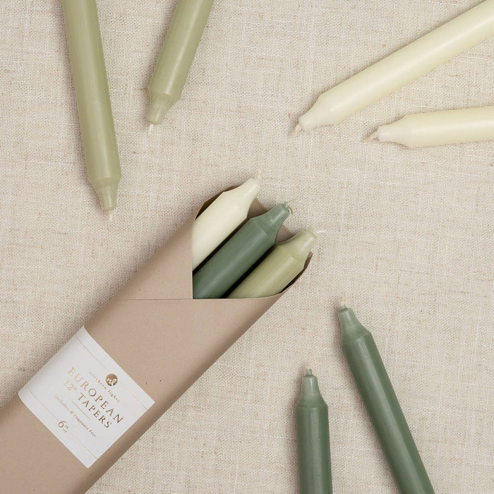 12" Taper Candles in Cottage Vines, Set of 6 on a beige background at Addison West