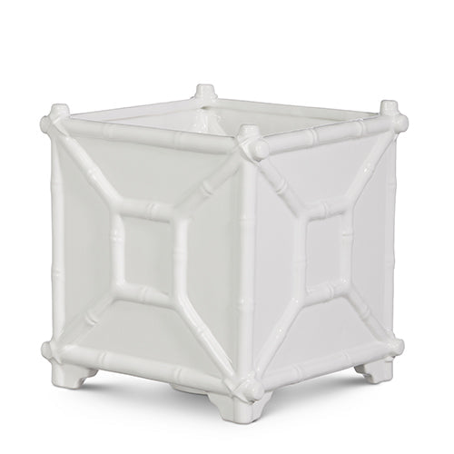 8.5" Bamboo Planter - White Ceramic