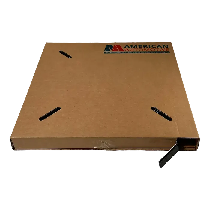 Cardboard box with handle slots for adhesive wheel weights and black steel tape weight