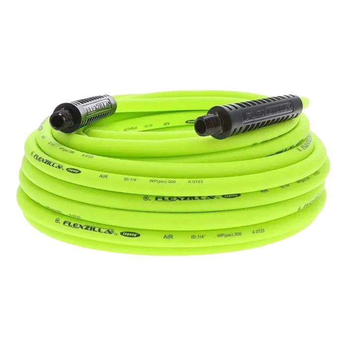 Bright neon green garden hose with black connectors coiled in a circular shape.