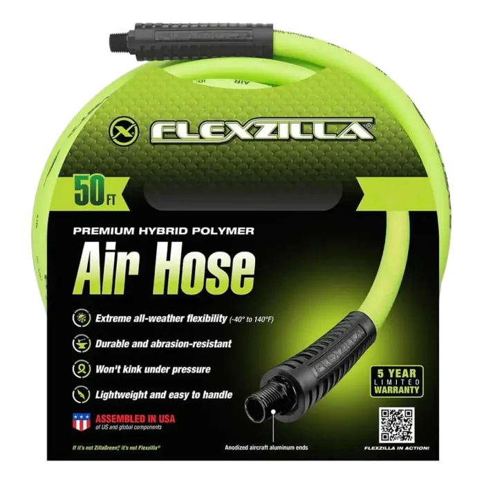 Bright green air hose coiled in its packaging, labeled ’Flexzilla’ and ’50 ft’.