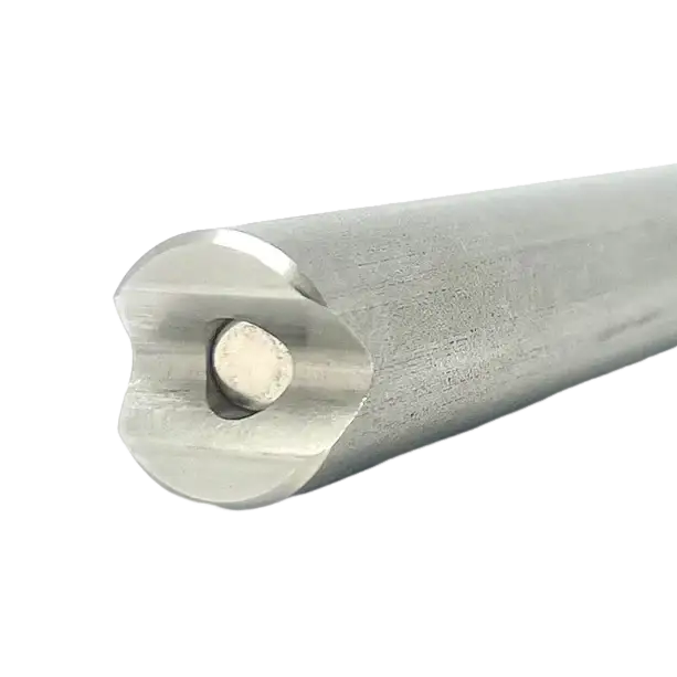 Metal rod or shaft with a unique cross-sectional shape featuring a circular hole.