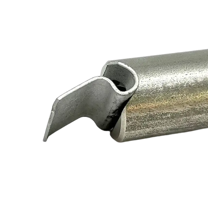 Metal soldering iron tip with a curved, chisel-like end.