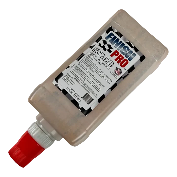 Bottle of Fanner-Pro hand sanitizer with red cap next to AA Finish Pro heavy-duty hand cleaner