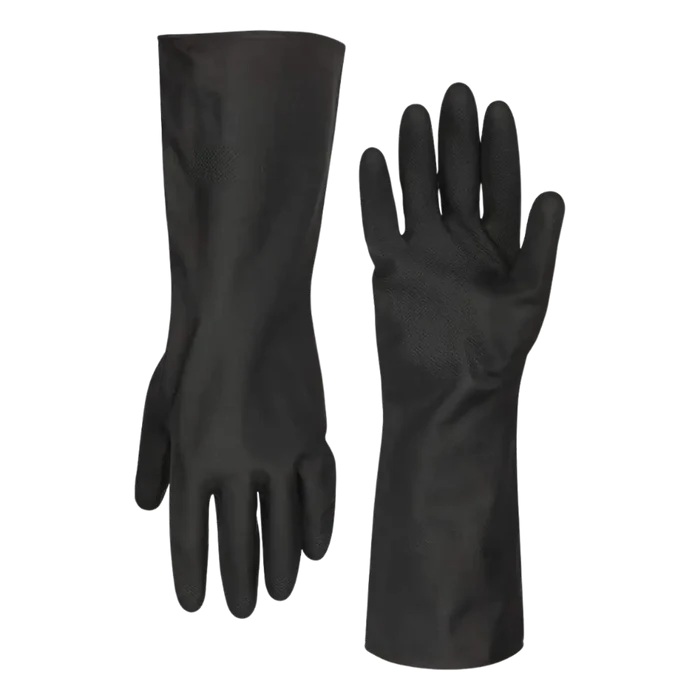 A pair of black chemical resistant aa flexzilla pro hd neoprene cleaning gloves with 13 inch long cuff for tire paint use
