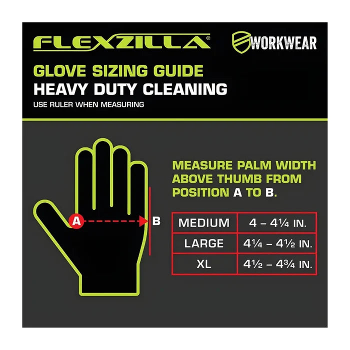 Flexzilla chemical resistant gloves sizing guide with neon green outline on black background for tire paint jobs