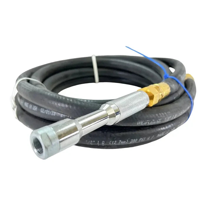 High-pressure hydraulic hose with metal fittings on the ends.