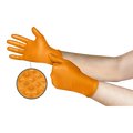 Orange textured nitrile gloves being put on hands.