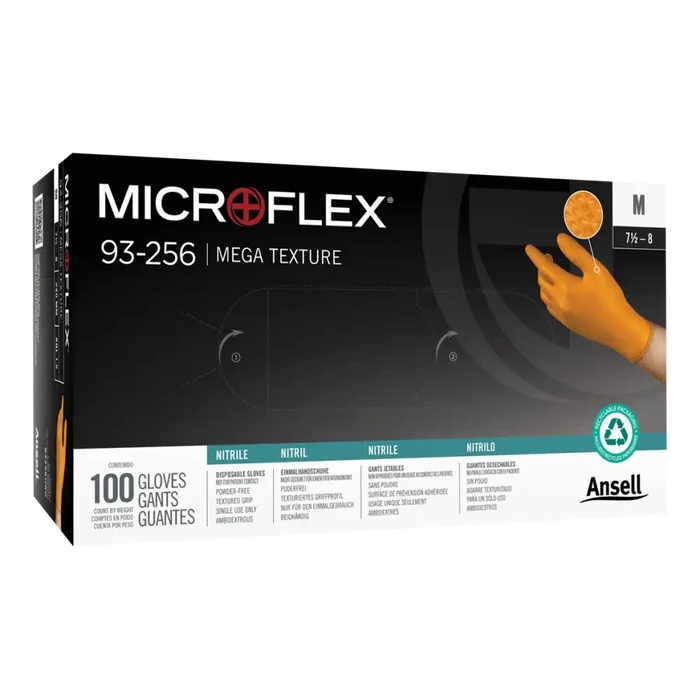 Box of Microflex 93-256 orange nitrile gloves containing 100 pieces.