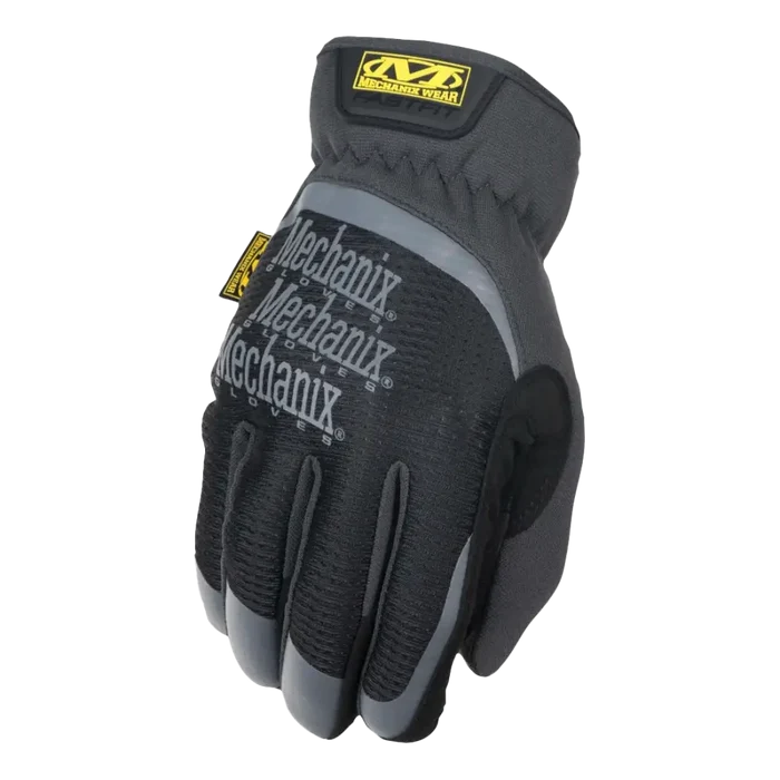 Black and gray Mechanix brand work glove with yellow logo.