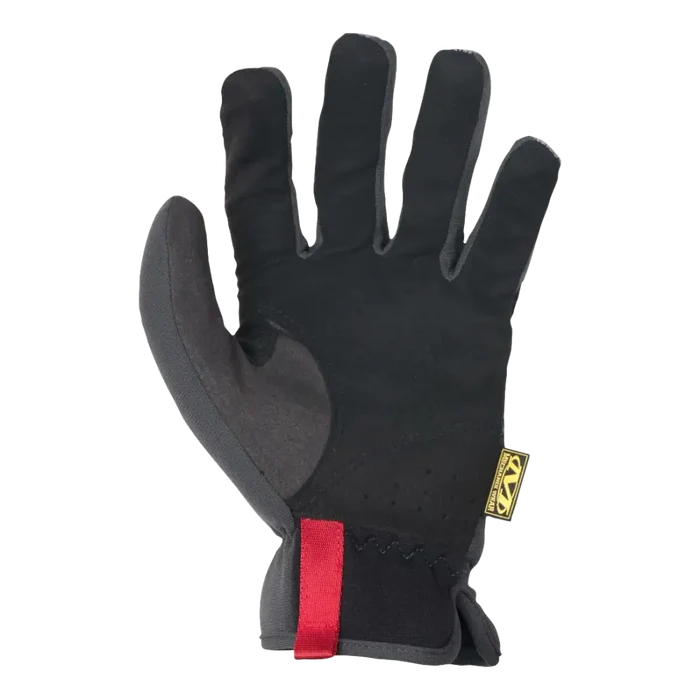 Black work glove with a red accent strip and gray palm area.