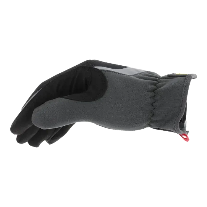 Black winter glove with elastic wrist closure and red pull tab.
