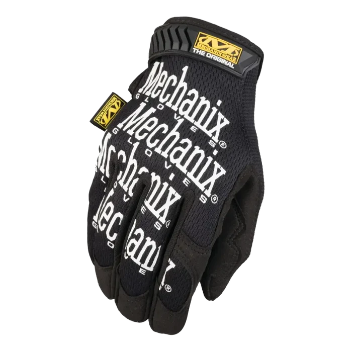Black Mechanix-branded work glove with white lettering.