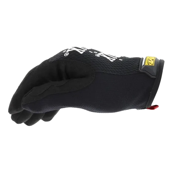 Black work glove with white text and a yellow logo patch.