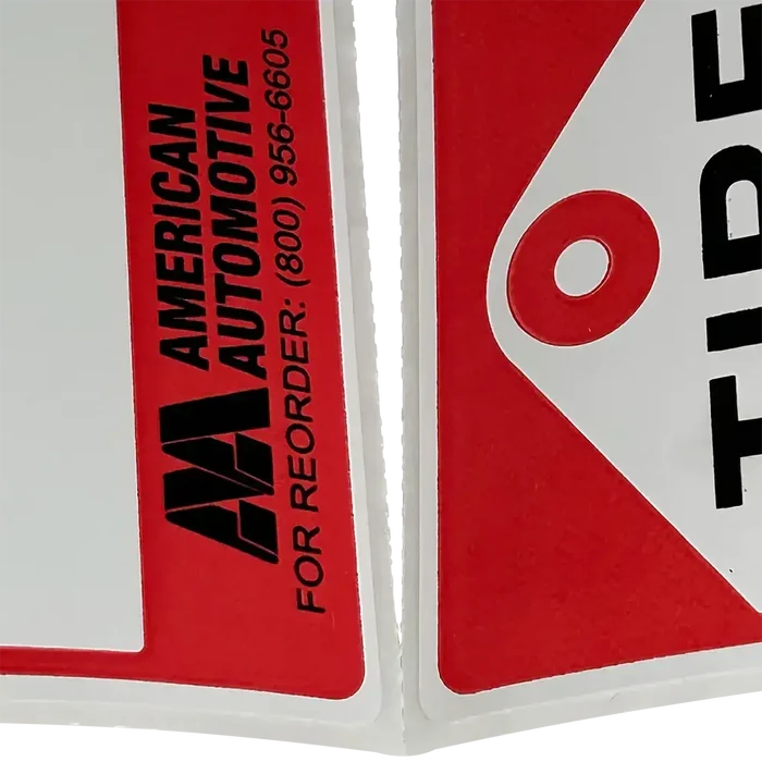 Red and white sticker from AA Tire Sale Labels, great for new tire labels in the USA