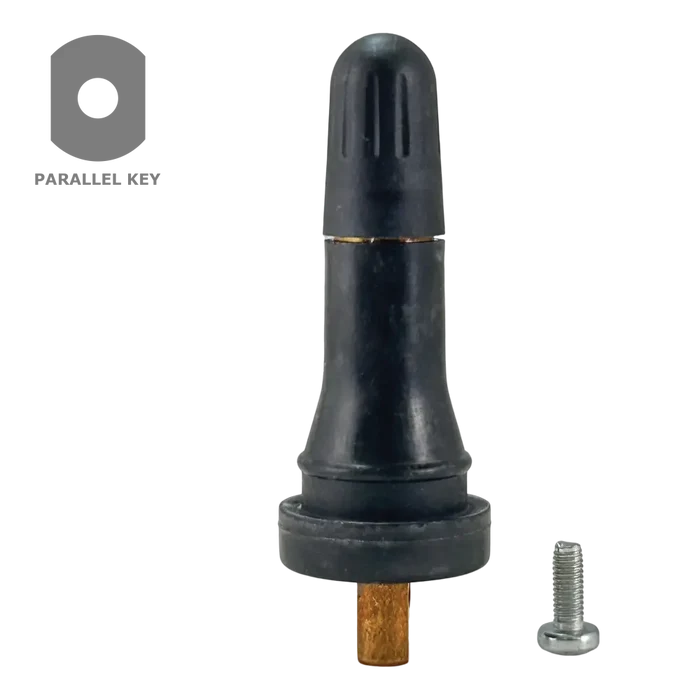 Tubular black valve stem with a copper-colored base and small metal screw beside it.