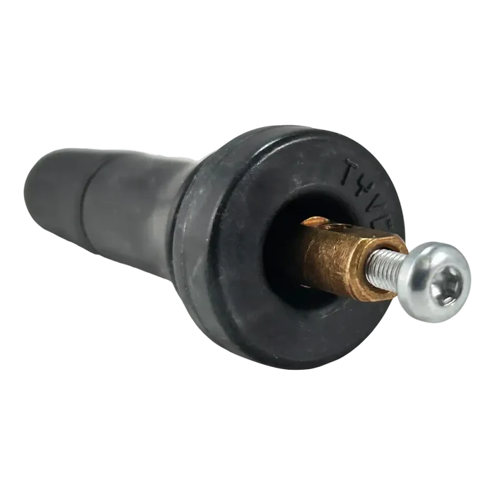 Automotive spark plug with a black insulator and metal electrode.