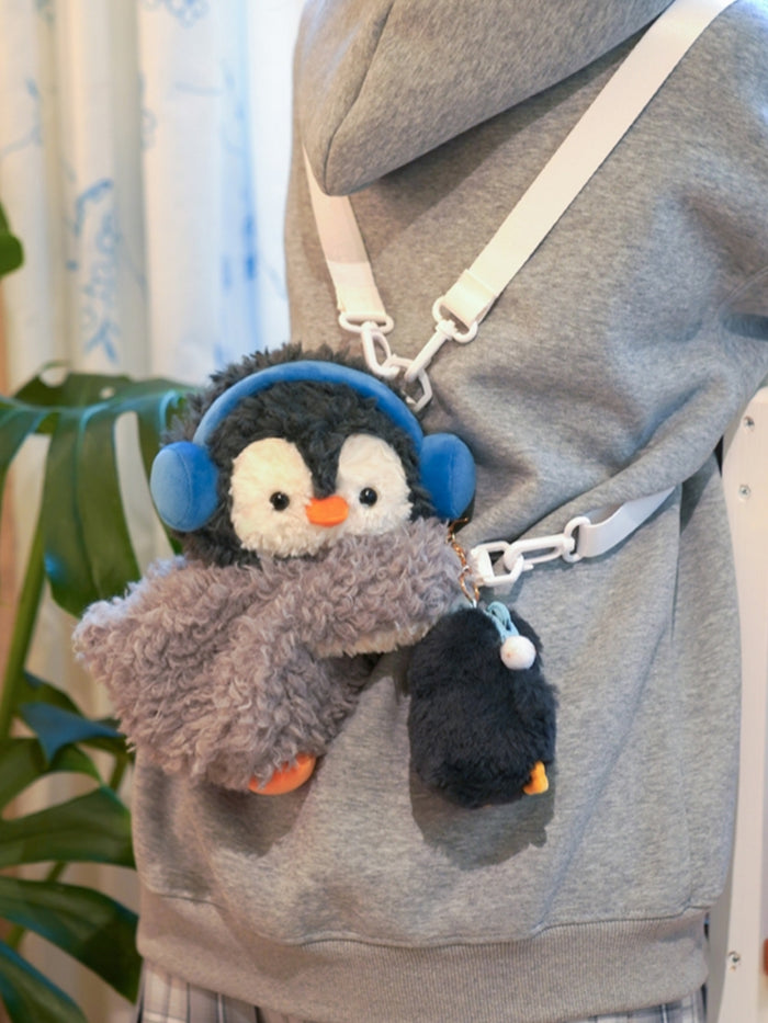Adorable Plush Penguin Crossbody Bag with Blue Earmuffs