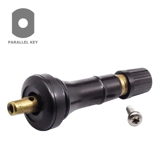Black plastic valve stem with brass fitting for Alligator U2 TPMS snap-in valve pack