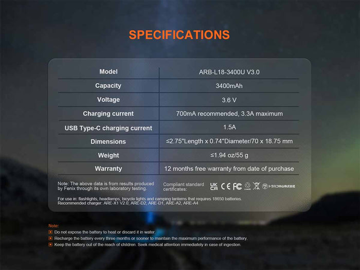 ARB-L18-3400U V3.0 Built-in USB Rechargeable Battery