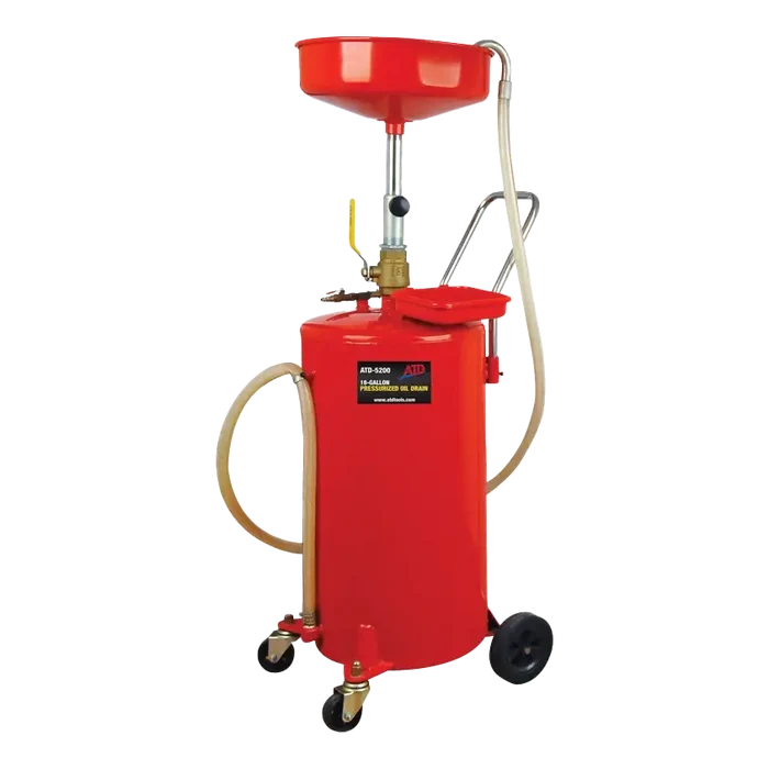 Red portable ATD-5200 Pressurized Oil Drain with wheels and funnel attachment