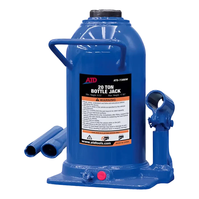 Blue hydraulic bottle jack rated for 20 tons.