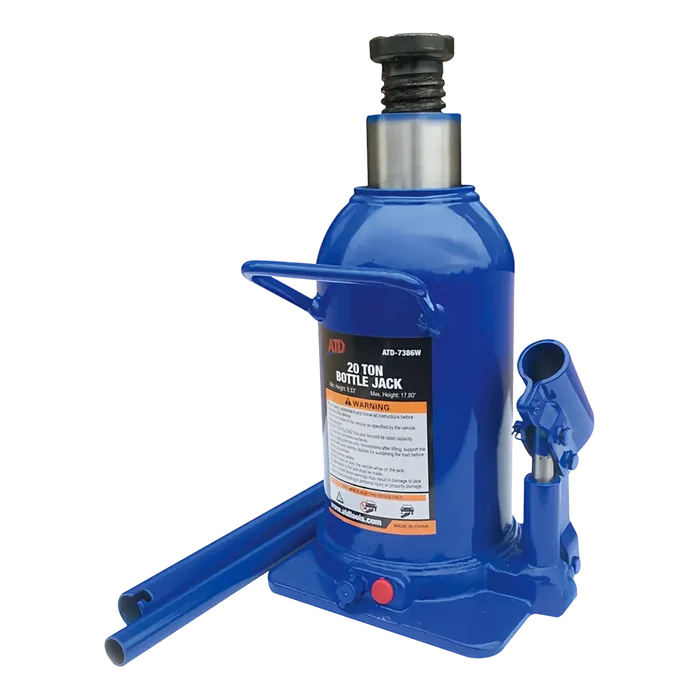 Blue hydraulic bottle jack with a metal piston and black top.
