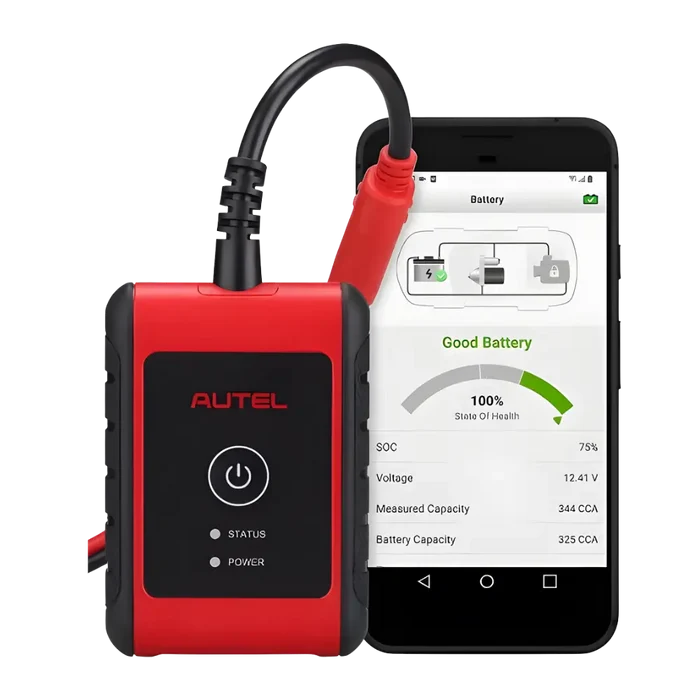 Autel MaxiBAS BT608 car battery tester with red clip on smartphone diagnostics