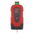 Red and black handheld electronic device with a small digital display and power button.
