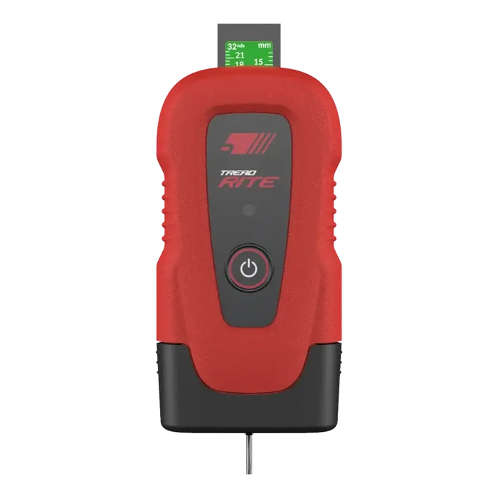 Red and black handheld electronic device with a small digital display and power button.