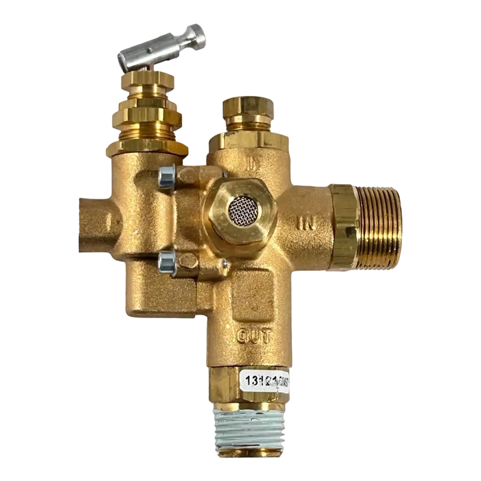 Brass plumbing valve with multiple ports and connection fittings.