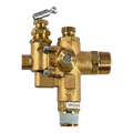 Brass plumbing valve with multiple ports and connection fittings.