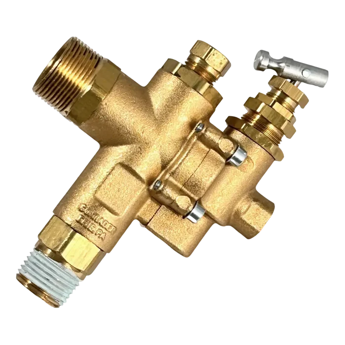 Brass plumbing valve with multiple connection ports and control knobs.
