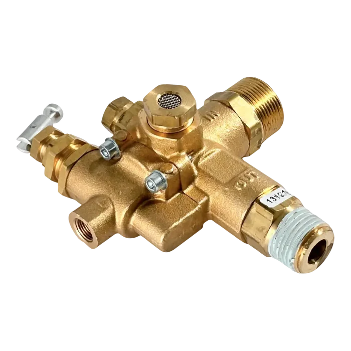 Brass plumbing valve fitting with multiple ports and connectors.