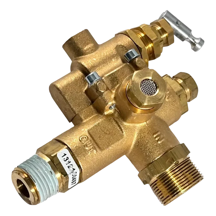 Brass plumbing valve with multiple ports and threaded connections.