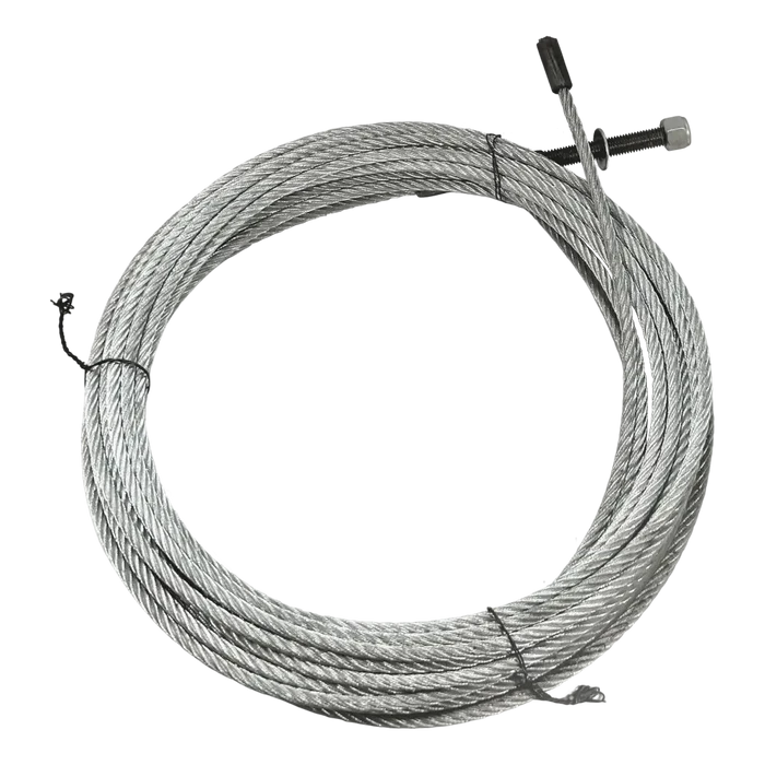 Coiled steel cable or wire rope with metal fittings at the ends.