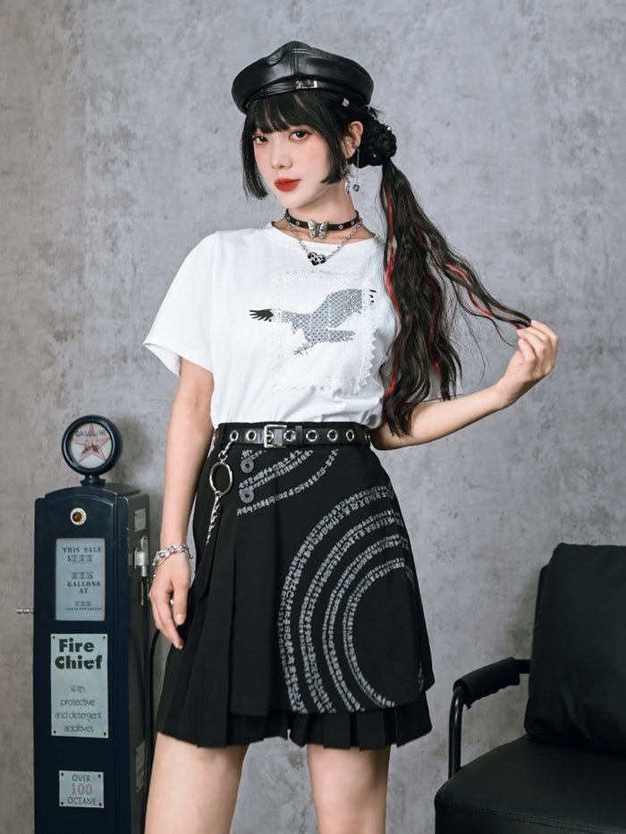 Black Chinese-Style Printed Skirt