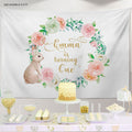 Bunny First Birthday Backdrop, Floral Wreath, Personalized Easter Decor