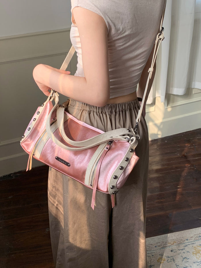 Chic Crinkled Leather Crossbody Bag with Metallic Studs