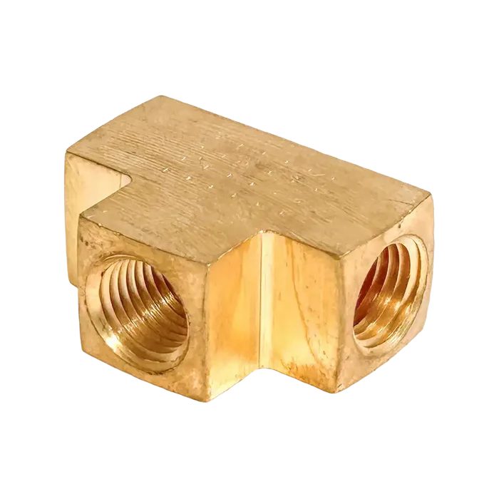 Brass T-shaped pipe fitting with three threaded ports for GTS Series barb tee fittings