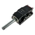 Pneumatic cylinder or actuator with a black body and protruding metal rod.