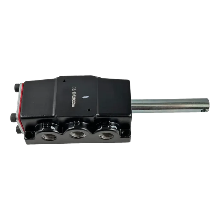 Black mechanical device with three adjustable knobs and a protruding metal shaft.