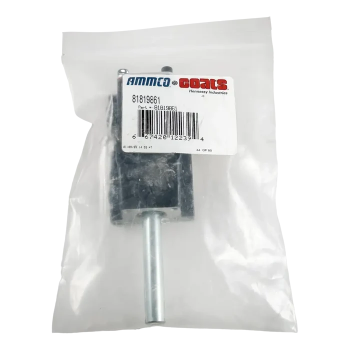 Metal bracket with a protruding bolt or pin, packaged in a clear plastic bag with a product label.