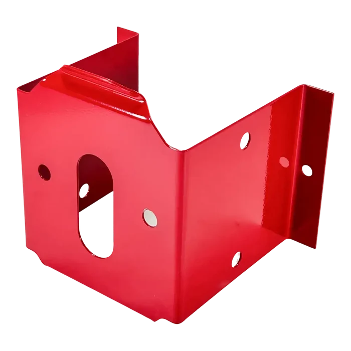 Red metal bracket or mounting plate with various holes and cutouts.