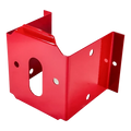 Red metal bracket or mounting plate with various holes and cutouts.