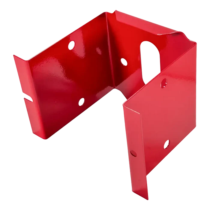 Red metal bracket or mounting plate with multiple holes and bends.