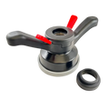 Espresso tamper with adjustable pressure mechanism and red handles.