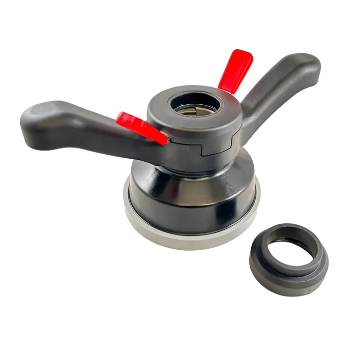 Espresso tamper with adjustable pressure mechanism and red handles.