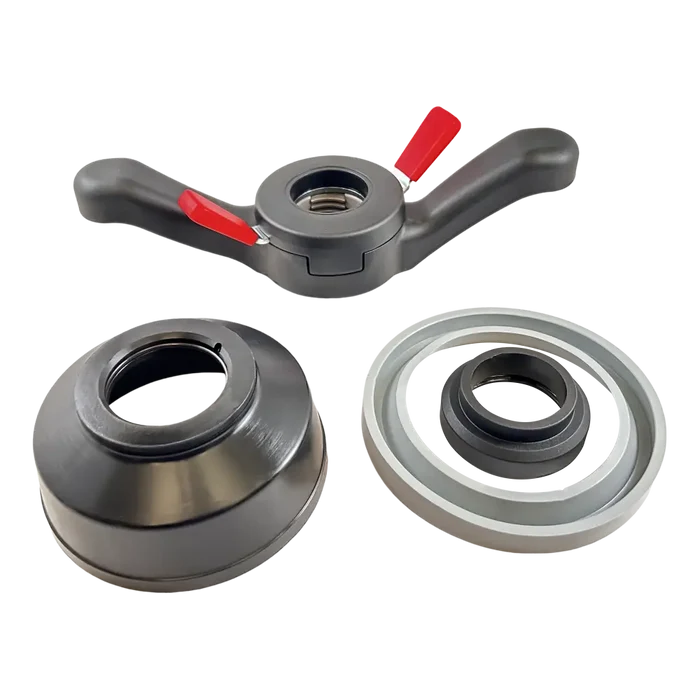 Wheel balancing adapter kit with wing nut and cone-shaped components.