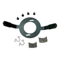 Circular metal bracket with two extending arms and accompanying hardware components.